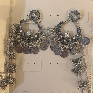 Oxidized Silver Statement earrings with Coin Charms & jhumka tassels